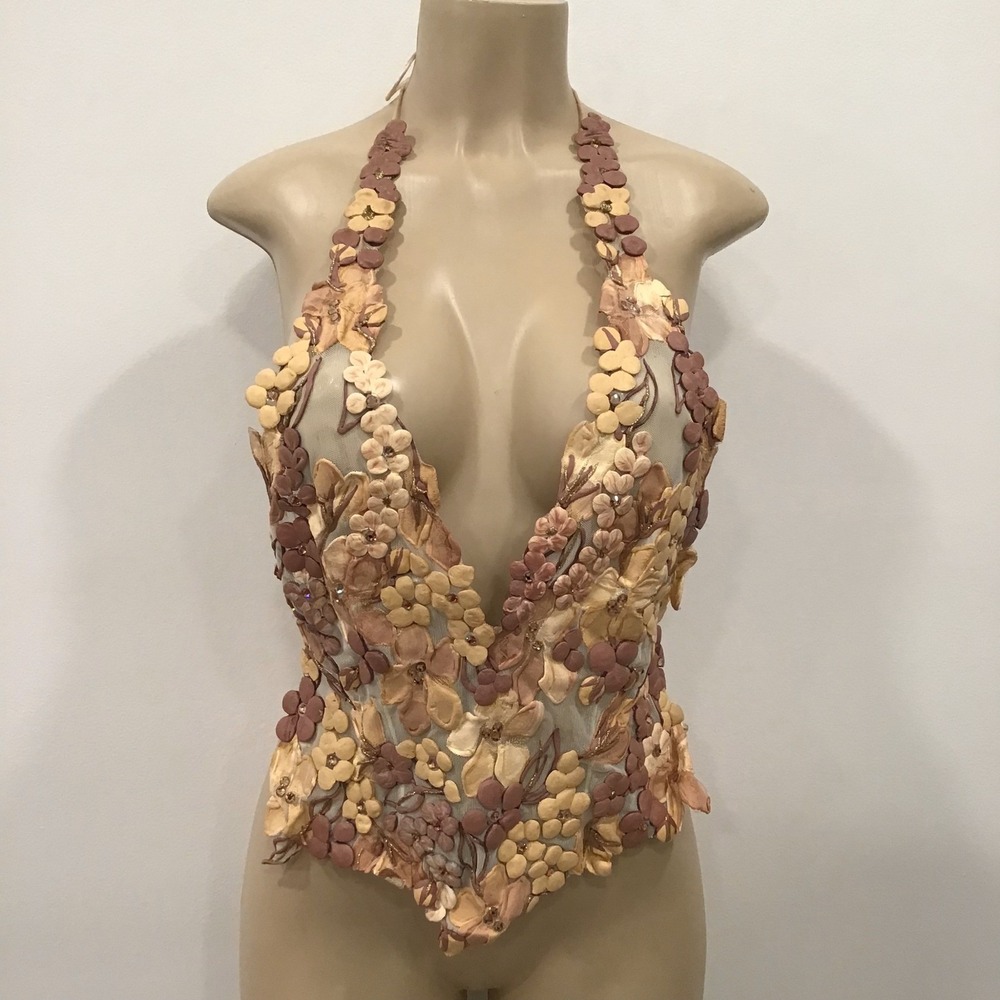 Ema Savahl Halter Top Womens Yellow Hand Painted 3D Floral Mesh Small Y2K Fairy - Picture 2 of 15